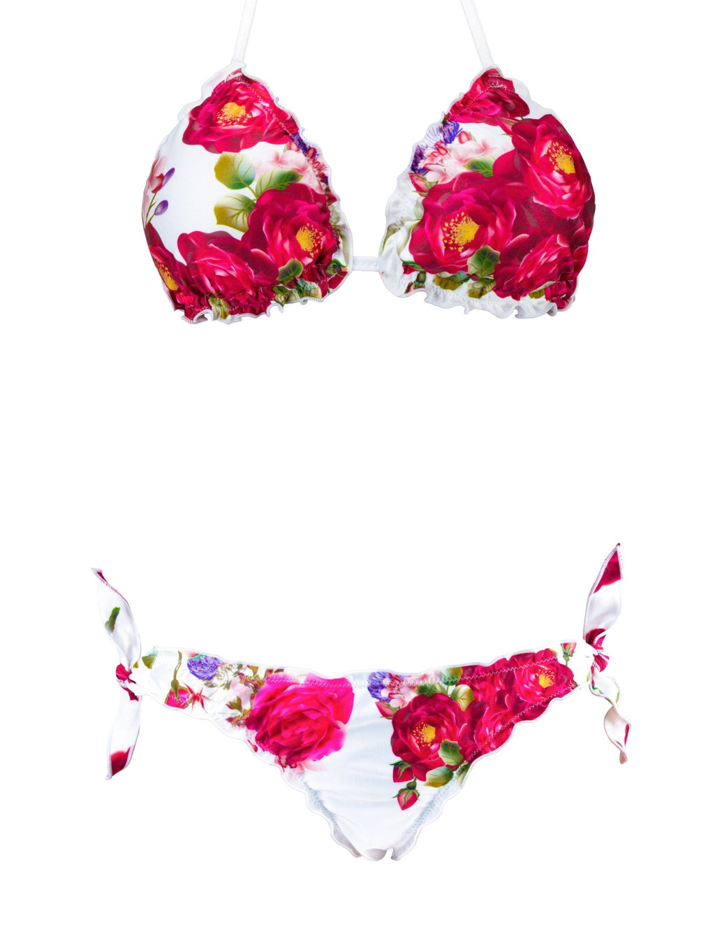 Bikini a triangolo a frou frou Bianco con Rose e slip brasiliani – Six ...